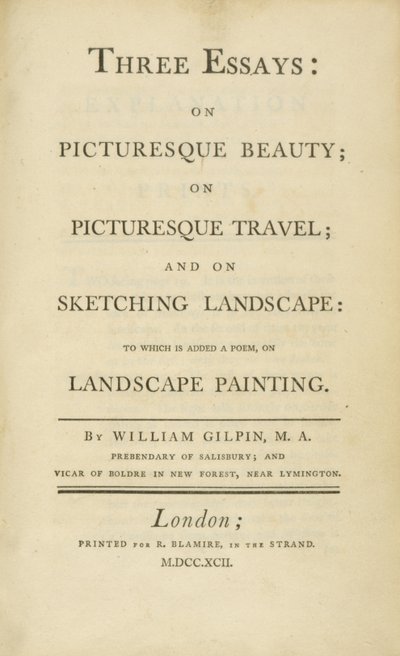 Title Page, from Three Essays: on Picturesque Beauty, on Picturesque Travel, and on Sketching, 1792 by Rev. William Gilpin